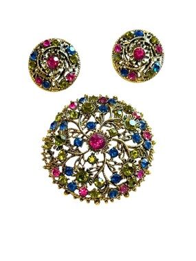 Vintage Colorful Rhinestone Brooch Earrings Jewelry Set GoldTone Floral Filigree